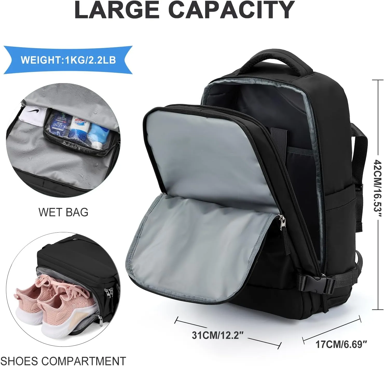 coowoz Large Travel Backpack For Women Men,Carry On Backpack,Hiking Backpack Waterproof Outdoor Sports Rucksack Casual Daypack Travel Essentials（Black Minimalist）