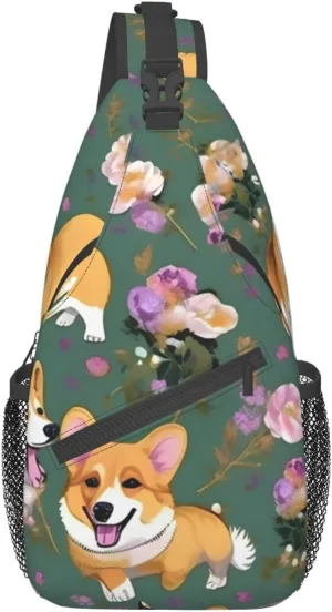 Corgi Floral Flowers Unisex Casual Diagonal Chest Bag,Multipurpose Crossbody Shoulder Bag Travel Hiking Daypack