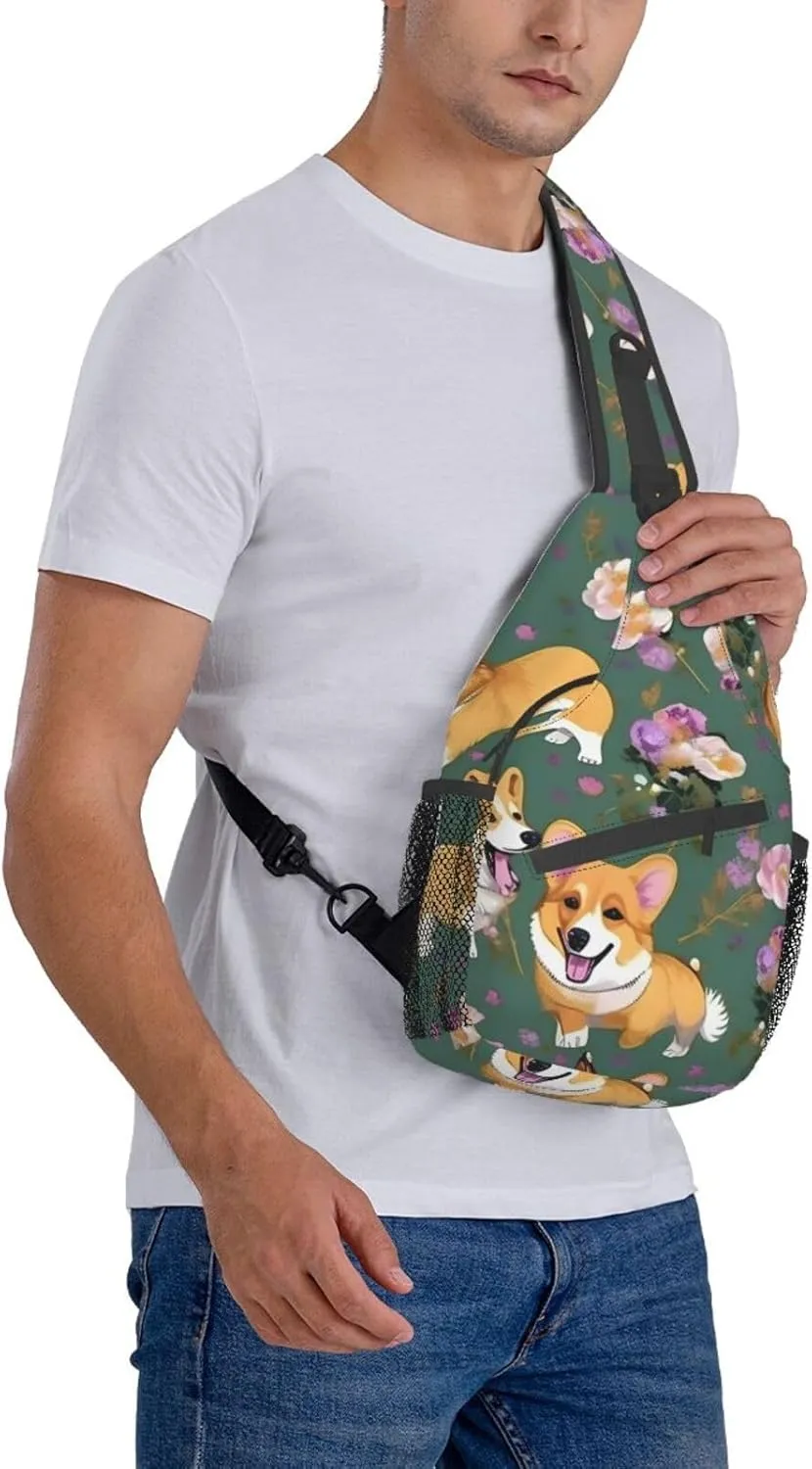 Corgi Floral Flowers Unisex Casual Diagonal Chest Bag,Multipurpose Crossbody Shoulder Bag Travel Hiking Daypack