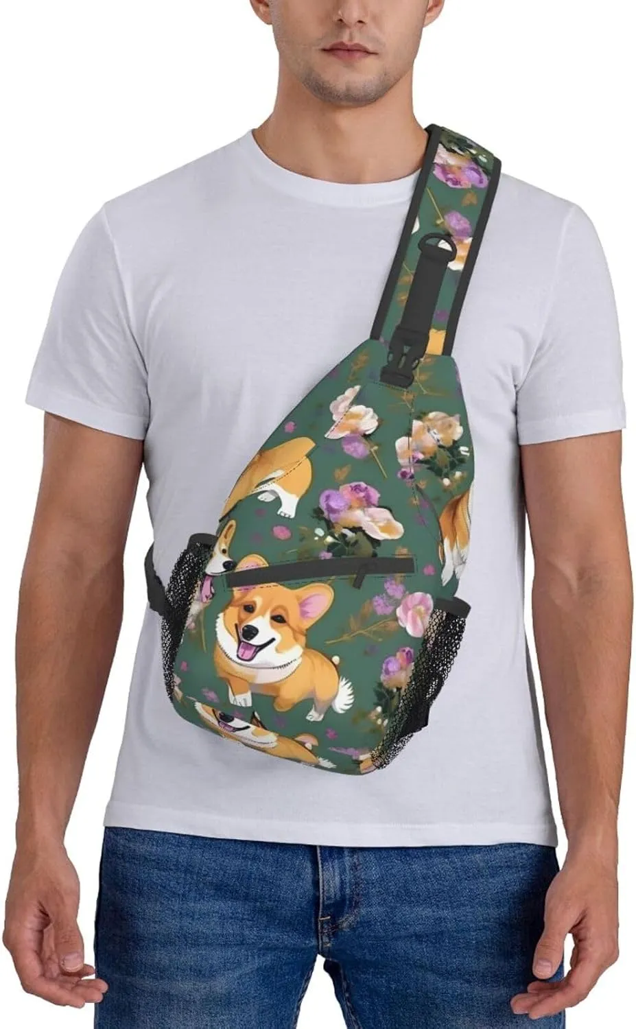 Corgi Floral Flowers Unisex Casual Diagonal Chest Bag,Multipurpose Crossbody Shoulder Bag Travel Hiking Daypack
