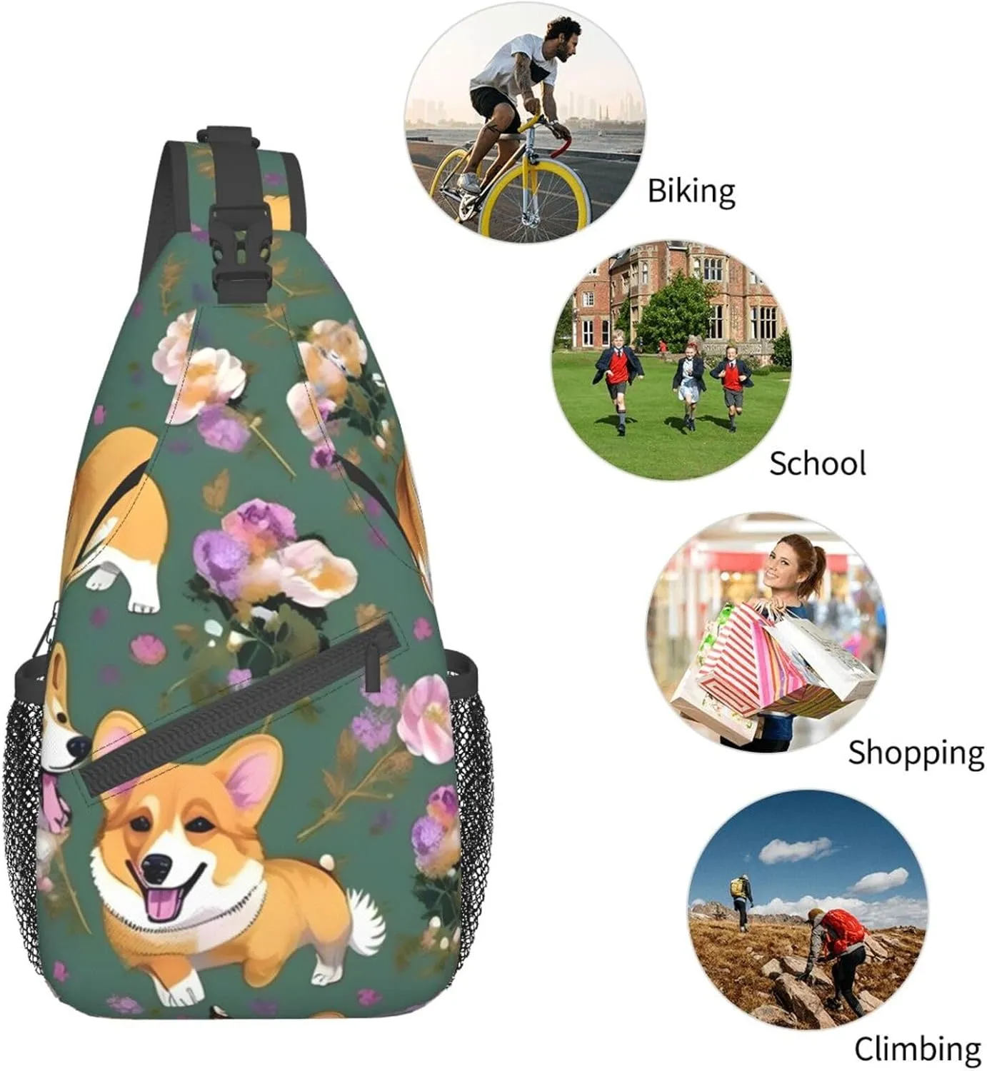 Corgi Floral Flowers Unisex Casual Diagonal Chest Bag,Multipurpose Crossbody Shoulder Bag Travel Hiking Daypack
