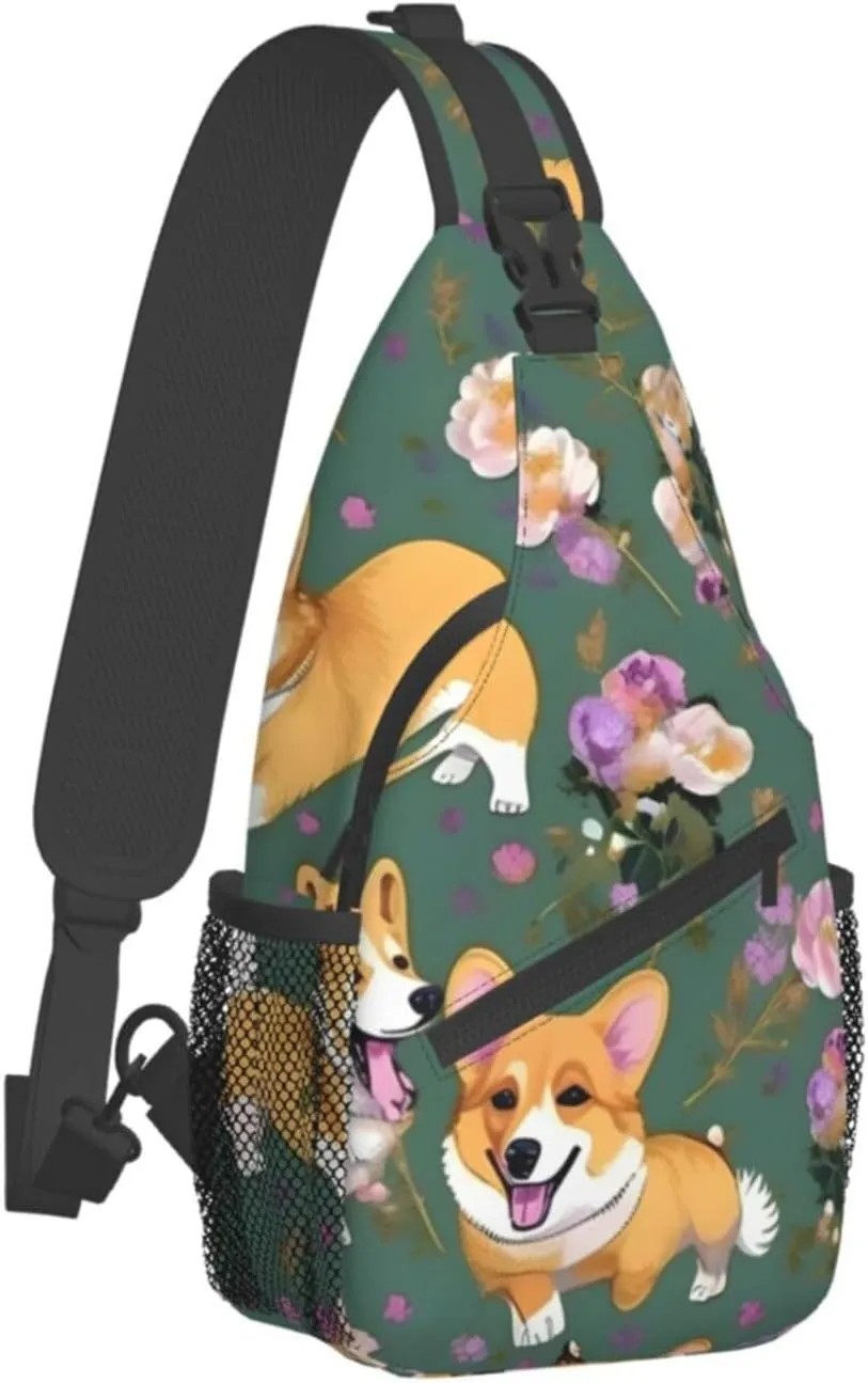 Corgi Floral Flowers Unisex Casual Diagonal Chest Bag,Multipurpose Crossbody Shoulder Bag Travel Hiking Daypack