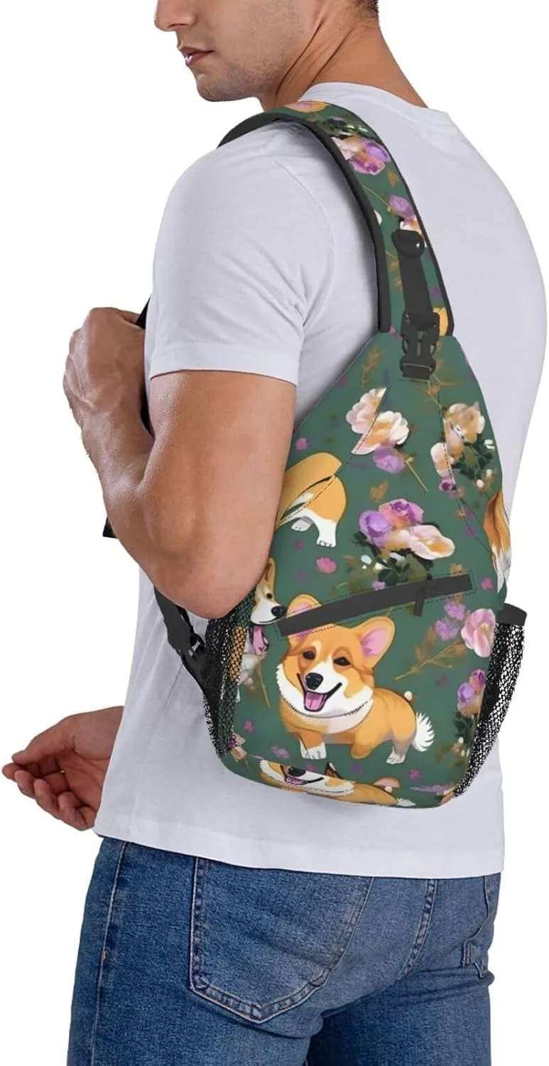 Corgi Floral Flowers Unisex Casual Diagonal Chest Bag,Multipurpose Crossbody Shoulder Bag Travel Hiking Daypack