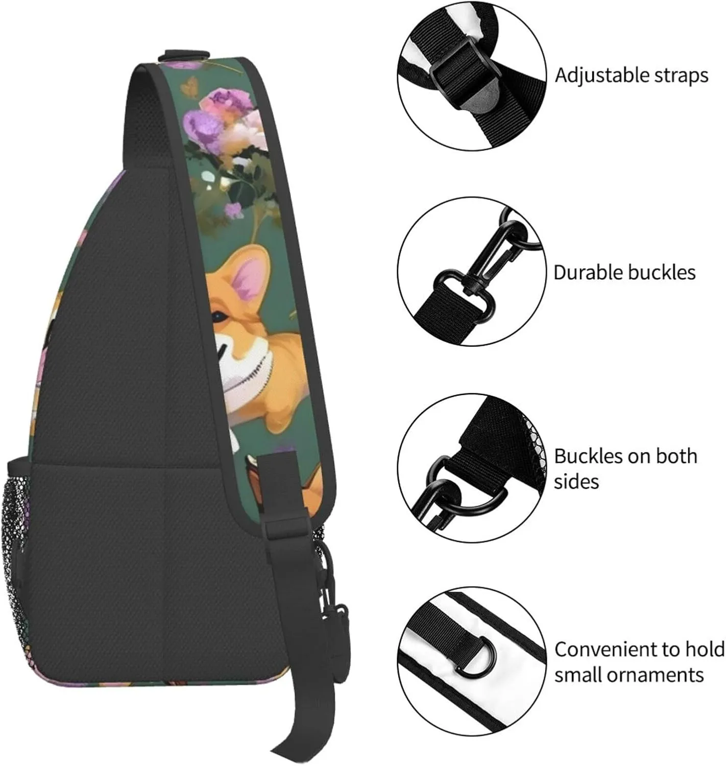 Corgi Floral Flowers Unisex Casual Diagonal Chest Bag,Multipurpose Crossbody Shoulder Bag Travel Hiking Daypack
