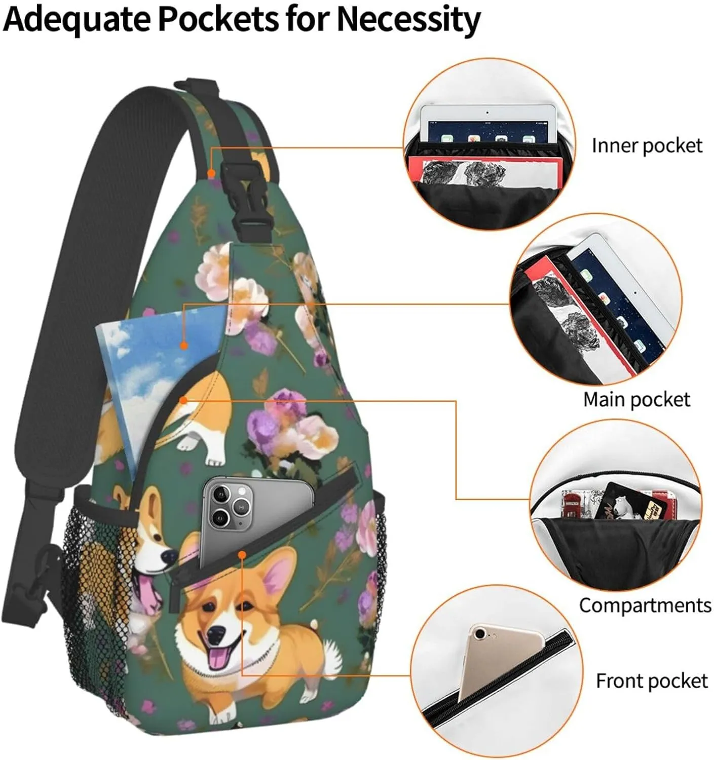 Corgi Floral Flowers Unisex Casual Diagonal Chest Bag,Multipurpose Crossbody Shoulder Bag Travel Hiking Daypack