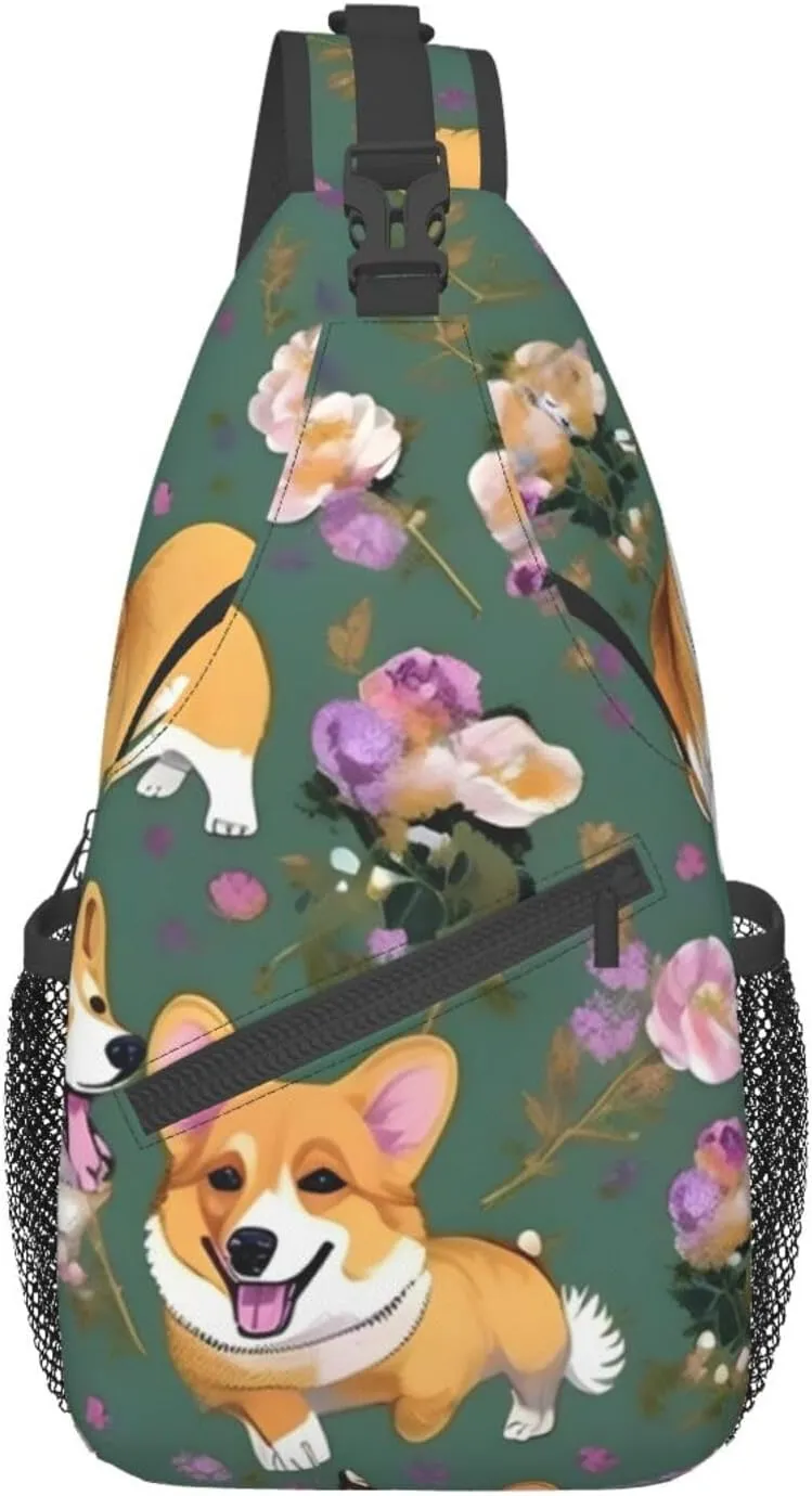 Corgi Floral Flowers Unisex Casual Diagonal Chest Bag,Multipurpose Crossbody Shoulder Bag Travel Hiking Daypack
