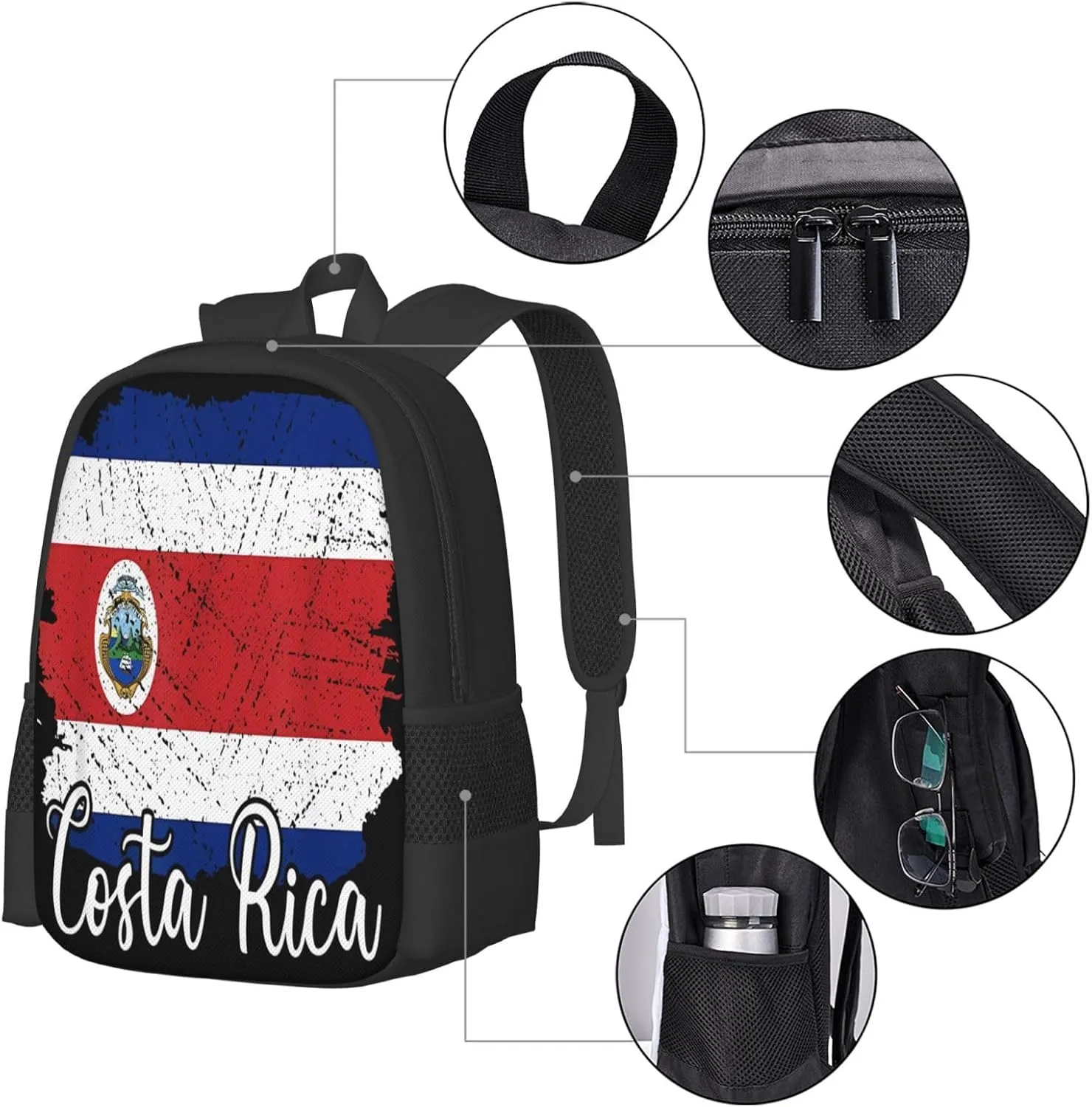 Costa Rica Flag Costa Rican Flags Casual Backpack Large Capacity Backpacks 15 Inch Laptop Back Pack Travel Rucksack Daypack Commuter Bags with Adjustable Strap for Camping
