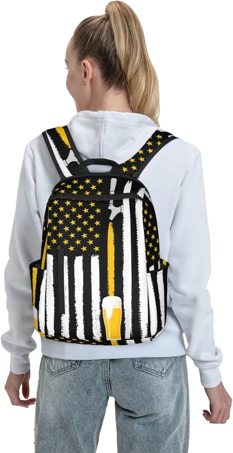 Craft Beer American Flag USA 4th July Brewery Casual Backpacks Laptop Backpack Outdoor Travel Rucksack Sport Carry-On Daypack Lightweight Bag with Multi-Pockets