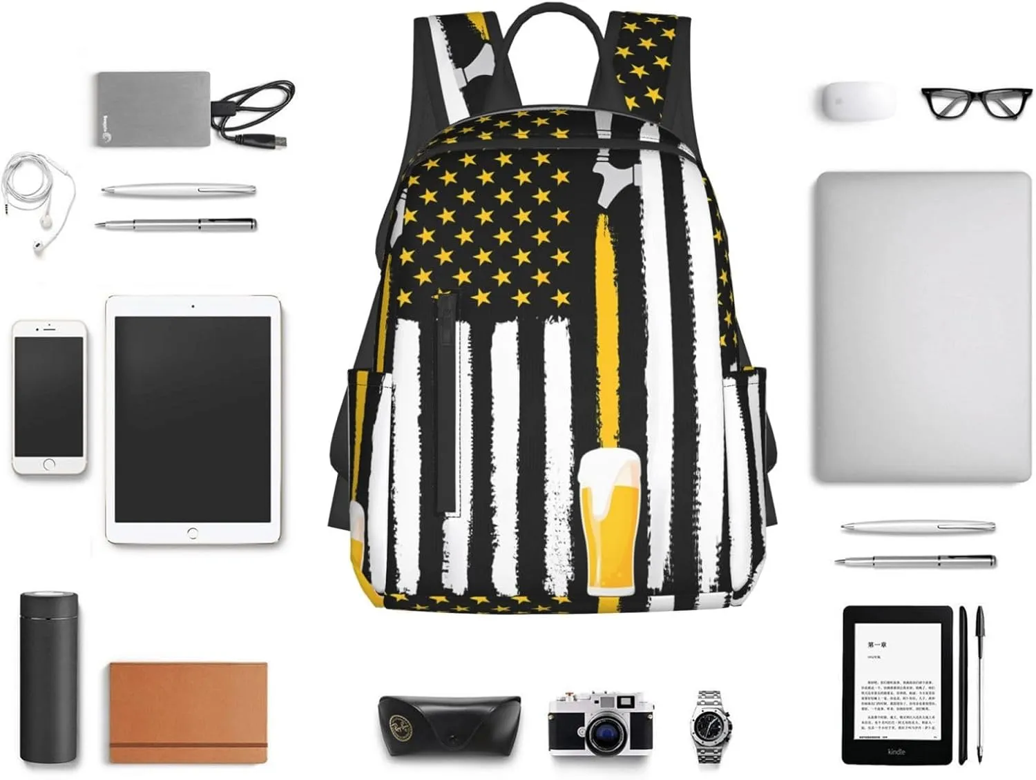 Craft Beer American Flag USA 4th July Brewery Casual Backpacks Laptop Backpack Outdoor Travel Rucksack Sport Carry-On Daypack Lightweight Bag with Multi-Pockets