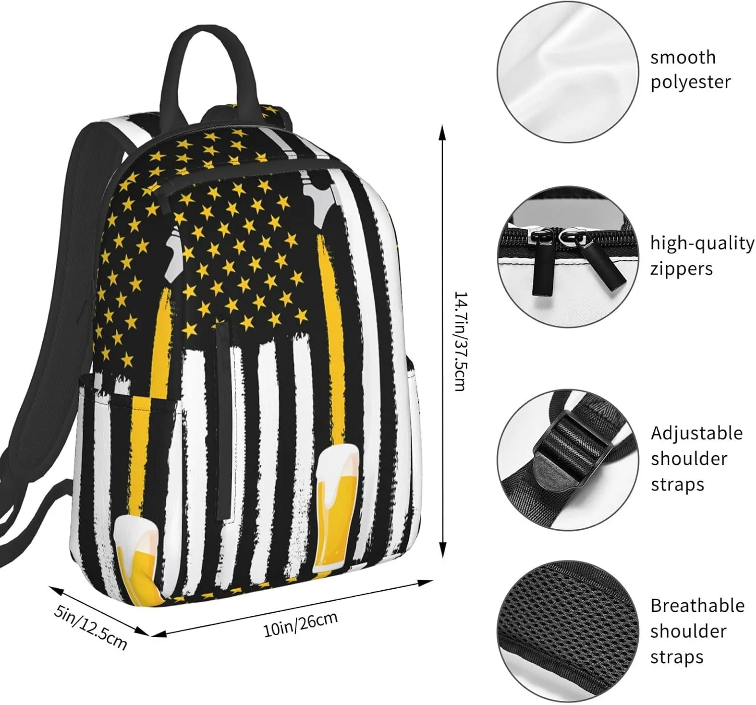 Craft Beer American Flag USA 4th July Brewery Casual Backpacks Laptop Backpack Outdoor Travel Rucksack Sport Carry-On Daypack Lightweight Bag with Multi-Pockets