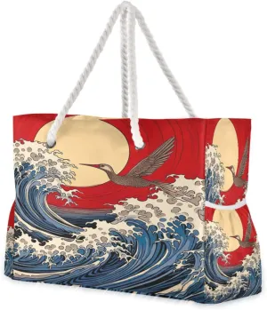Crane Flying in A Wave with The Sun Beach Bag & Travel Tote Bag Large Sandproof with Zipper Closure, Wet Pouch for Swim Gym Travel, Lightweight Foldable Outdoor Bag