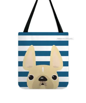 Cream / Navy Striped French Bulldog Tote Bag