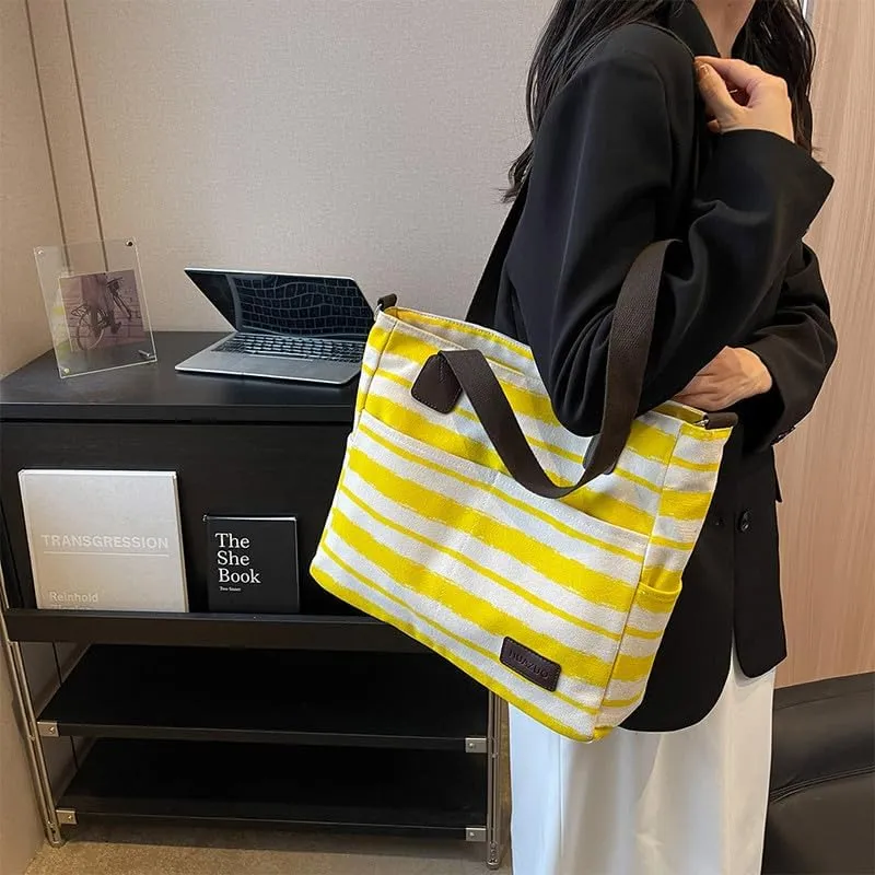 Crossbody Bags for Women Canvas Purses Large Capacity Shoulder Handbags Striped Travel Bag Shopping Tote Bag for Women Yellow