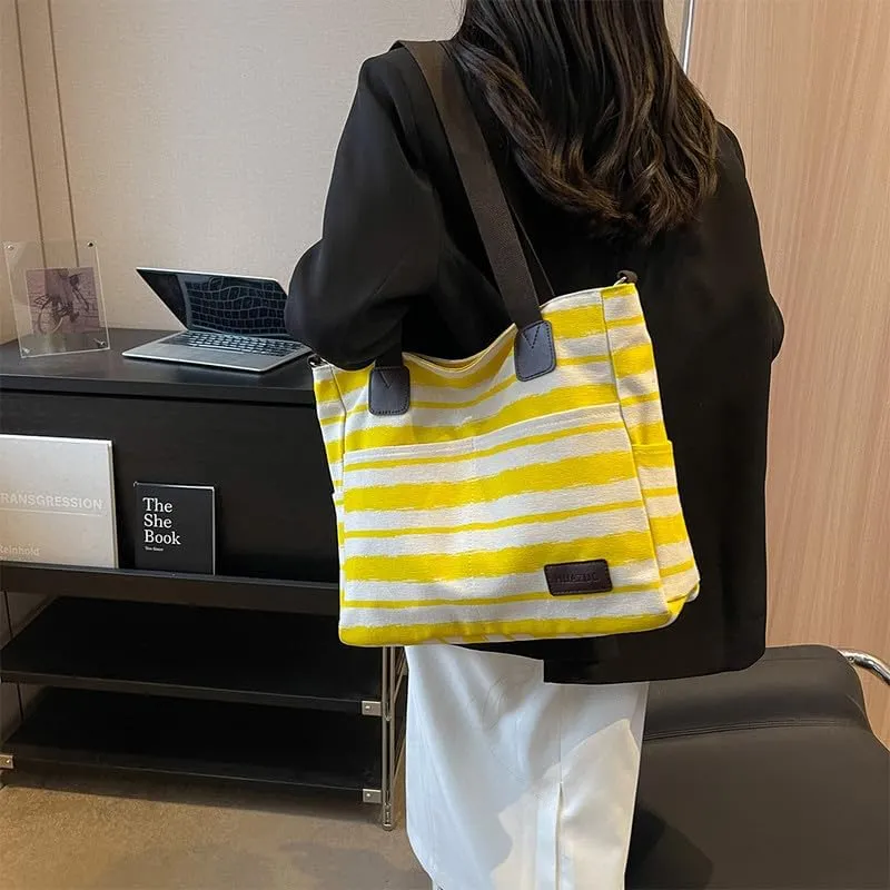 Crossbody Bags for Women Canvas Purses Large Capacity Shoulder Handbags Striped Travel Bag Shopping Tote Bag for Women Yellow