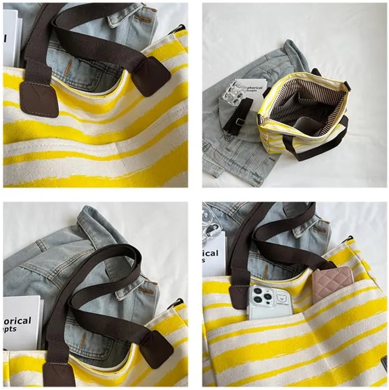 Crossbody Bags for Women Canvas Purses Large Capacity Shoulder Handbags Striped Travel Bag Shopping Tote Bag for Women Yellow