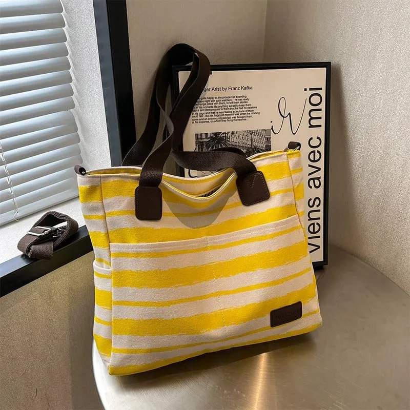 Crossbody Bags for Women Canvas Purses Large Capacity Shoulder Handbags Striped Travel Bag Shopping Tote Bag for Women Yellow