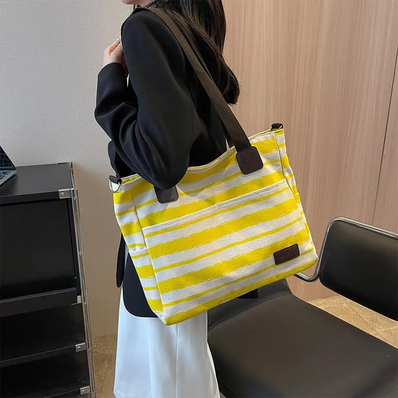 Crossbody Bags for Women Canvas Purses Large Capacity Shoulder Handbags Striped Travel Bag Shopping Tote Bag for Women Yellow