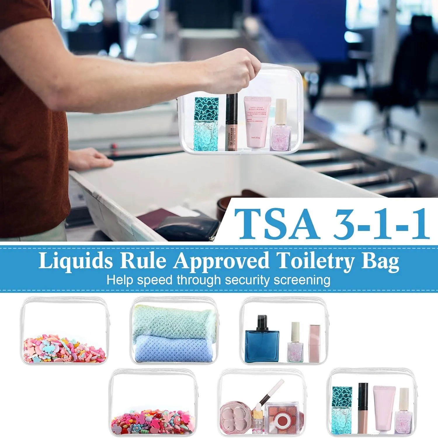 Cunno 60 Pcs Clear Toiletry Bag TSA Approved Cosmetic Bag Bulk Makeup Bag Travel Carry Airport Airline Compliant Bag for Women Men Summer Vacation Salon Mother Gift(White)