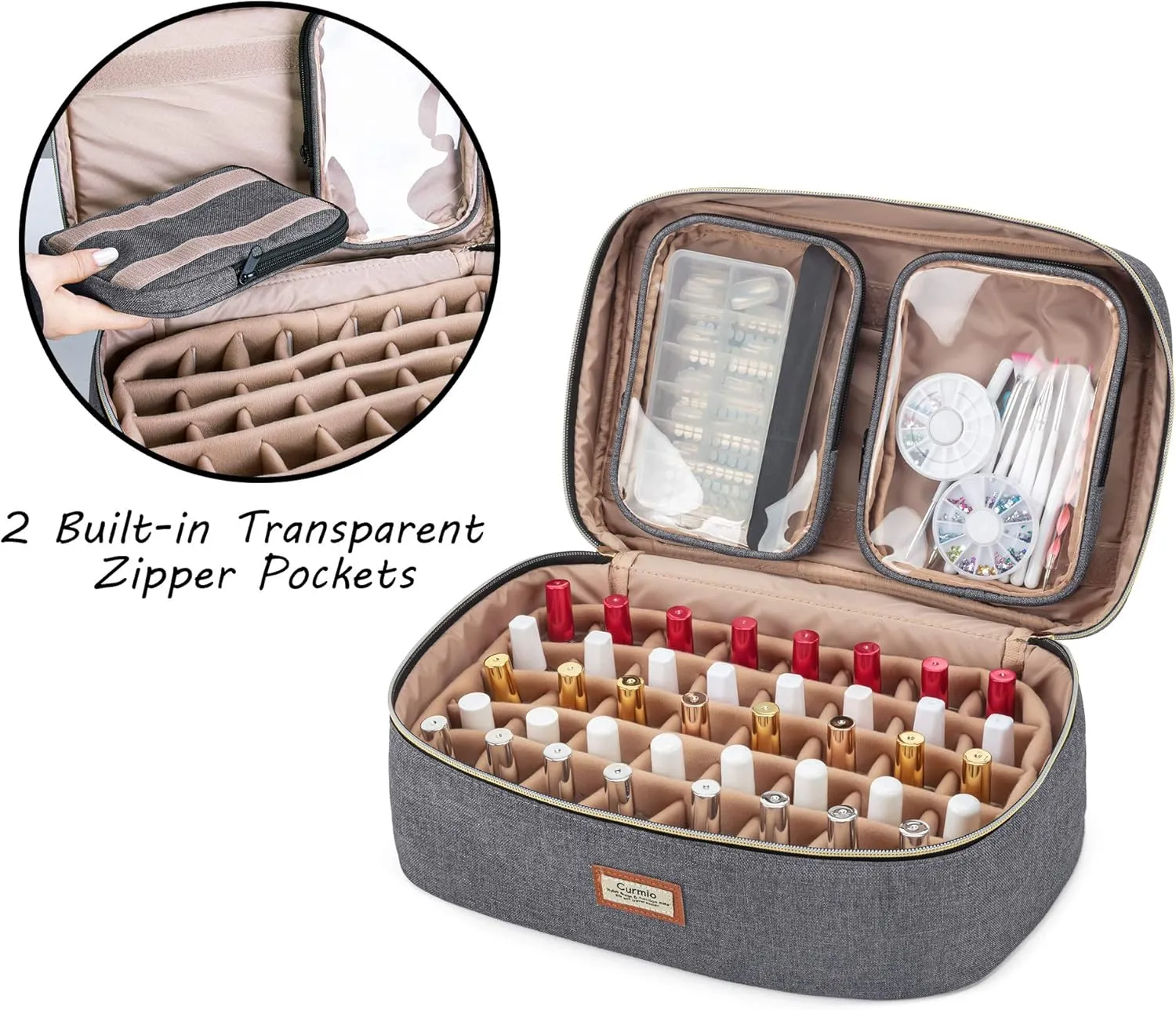 CURMIO Nail Polish Carrying Case Holds 40 Bottles (15ml/0.5 fl.oz), Nail Polish Travel Storage Bag with 2 Detachable Transparent Pouches and Portable Handle, Patented Design, Bag Only