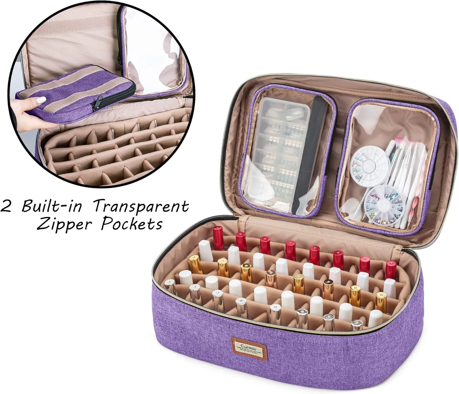 CURMIO Nail Polish Carrying Case Holds 40 Bottles (15ml/0.5 fl.oz), Nail Polish Travel Storage Bag with 2 Detachable Transparent Pouches and Portable Handle, Patented Design, Bag Only