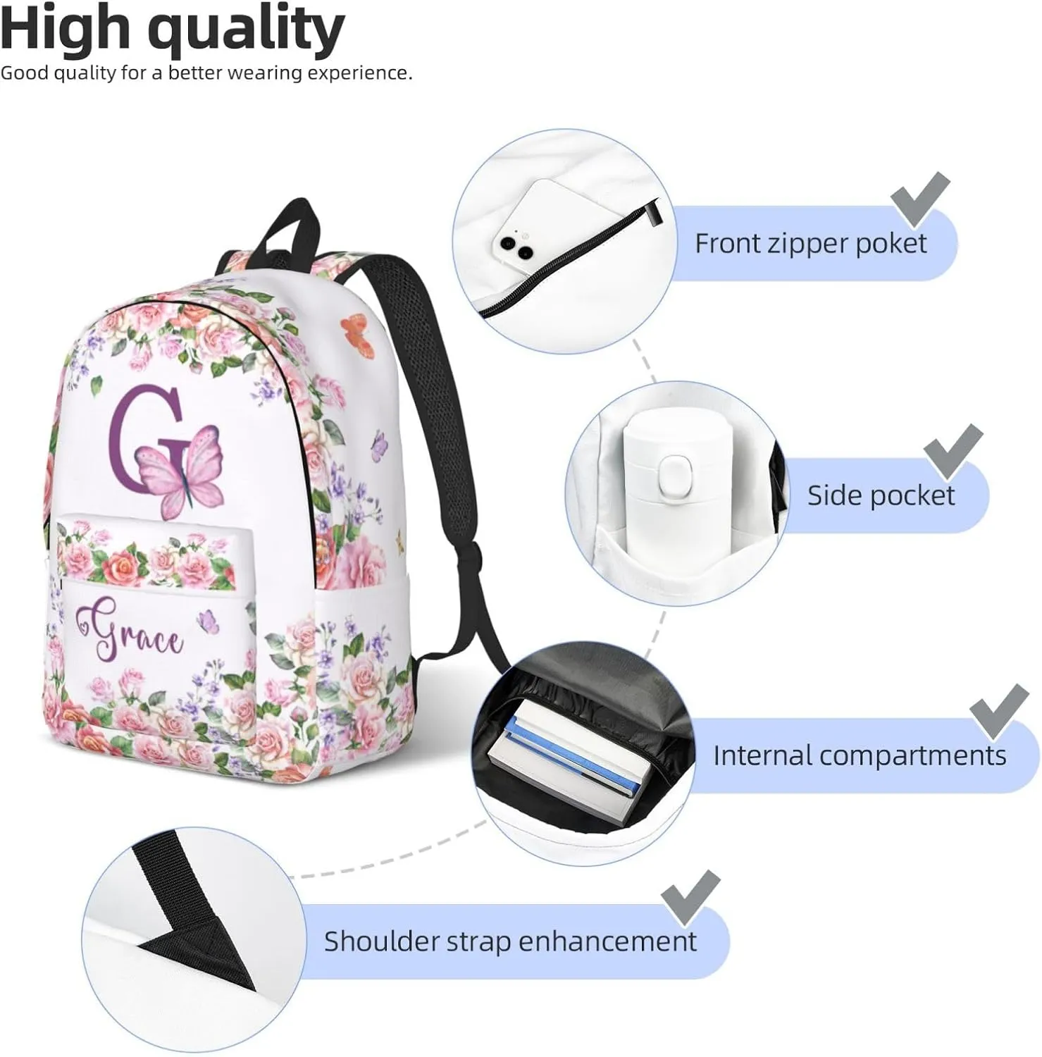 Custom Backpacks with Name for Boys Girls, Personalized Name School Backpack for Kids Teens Adults, Customized Bookbag with Shoulder Strap for School Picnic Travel