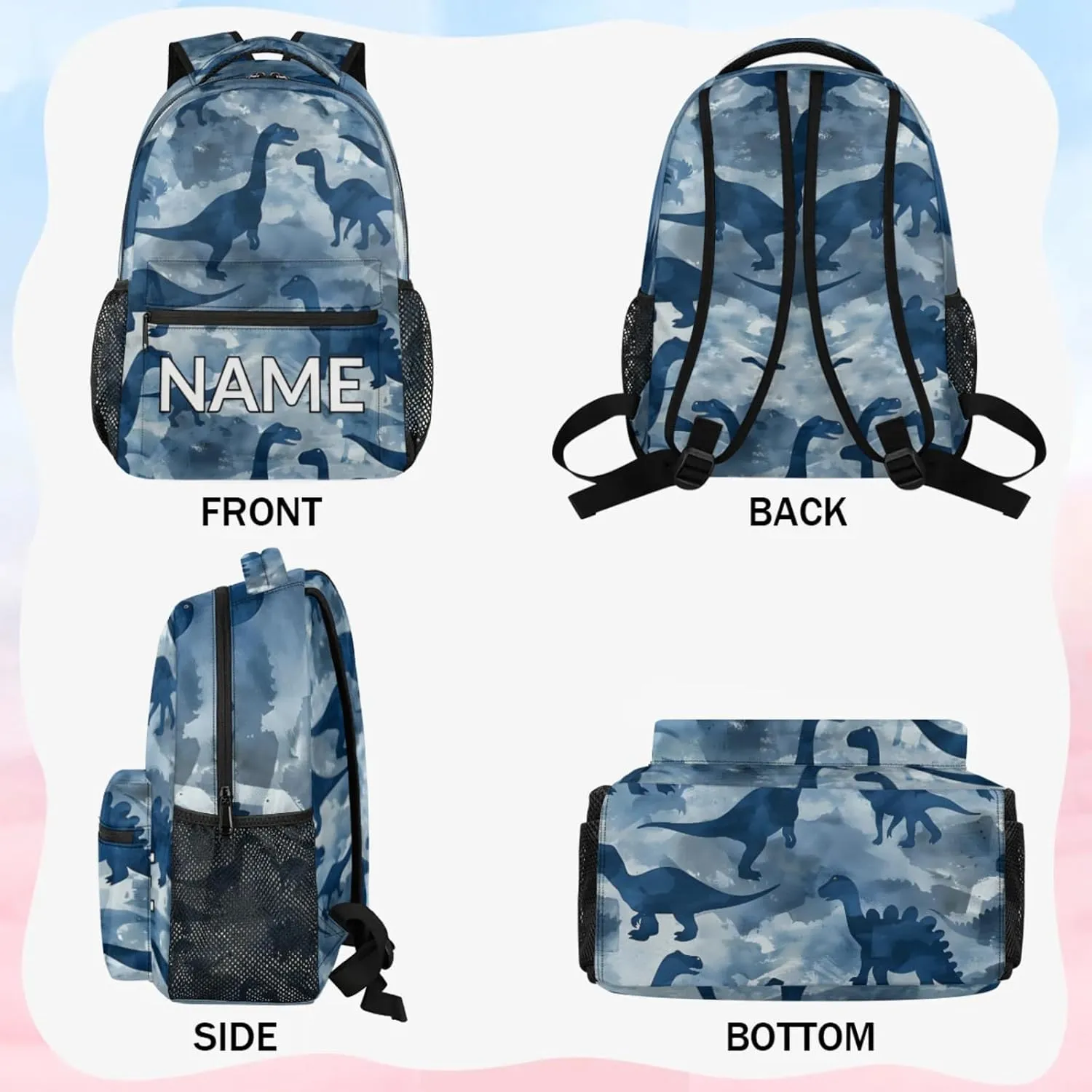 Custom Blue Dinosaurs Backpack with Name Personalized Waterproof Casual Daypack Cool Various Customize Laptop Backpacks for Women Men