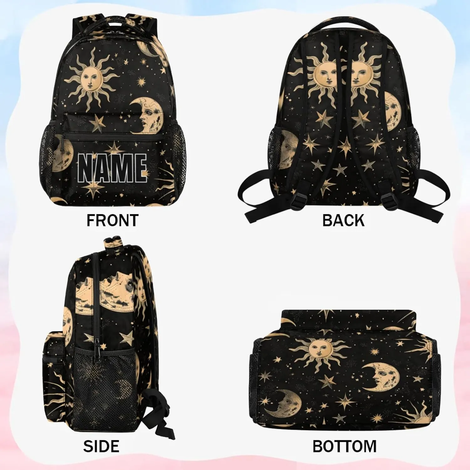 Custom Boho Moon Sun Backpack with Name Personalized Waterproof Casual Daypack Mysterious Aesthetic Customize Laptop Backpacks for Women Men