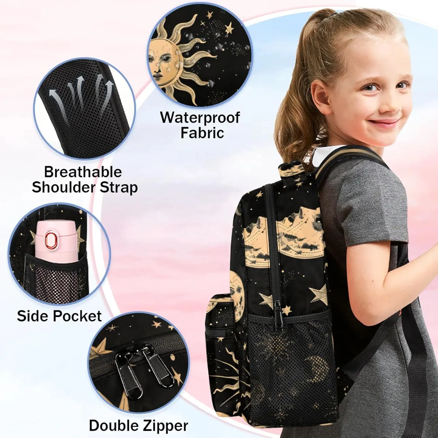 Custom Boho Moon Sun Backpack with Name Personalized Waterproof Casual Daypack Mysterious Aesthetic Customize Laptop Backpacks for Women Men