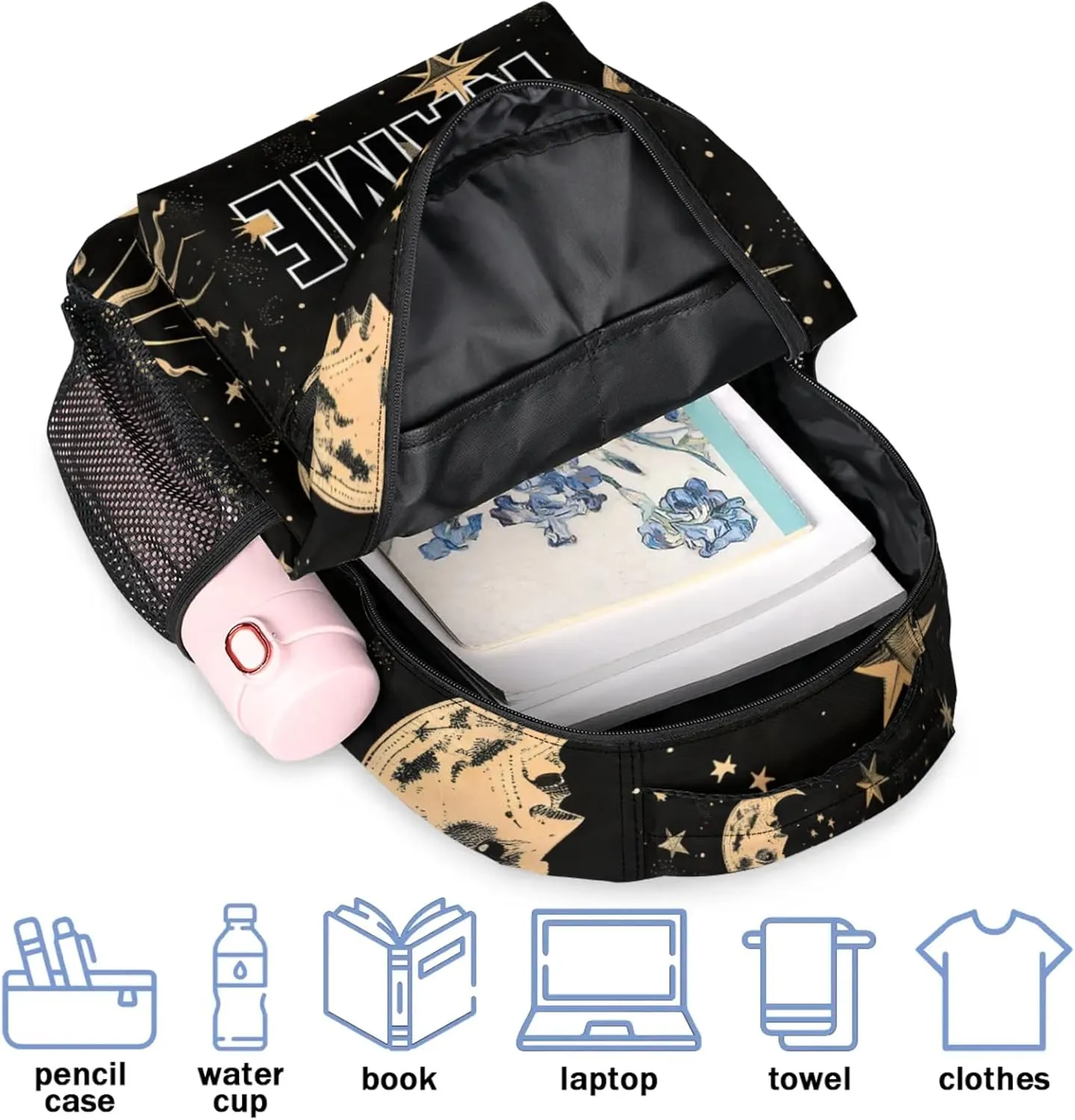 Custom Boho Moon Sun Backpack with Name Personalized Waterproof Casual Daypack Mysterious Aesthetic Customize Laptop Backpacks for Women Men