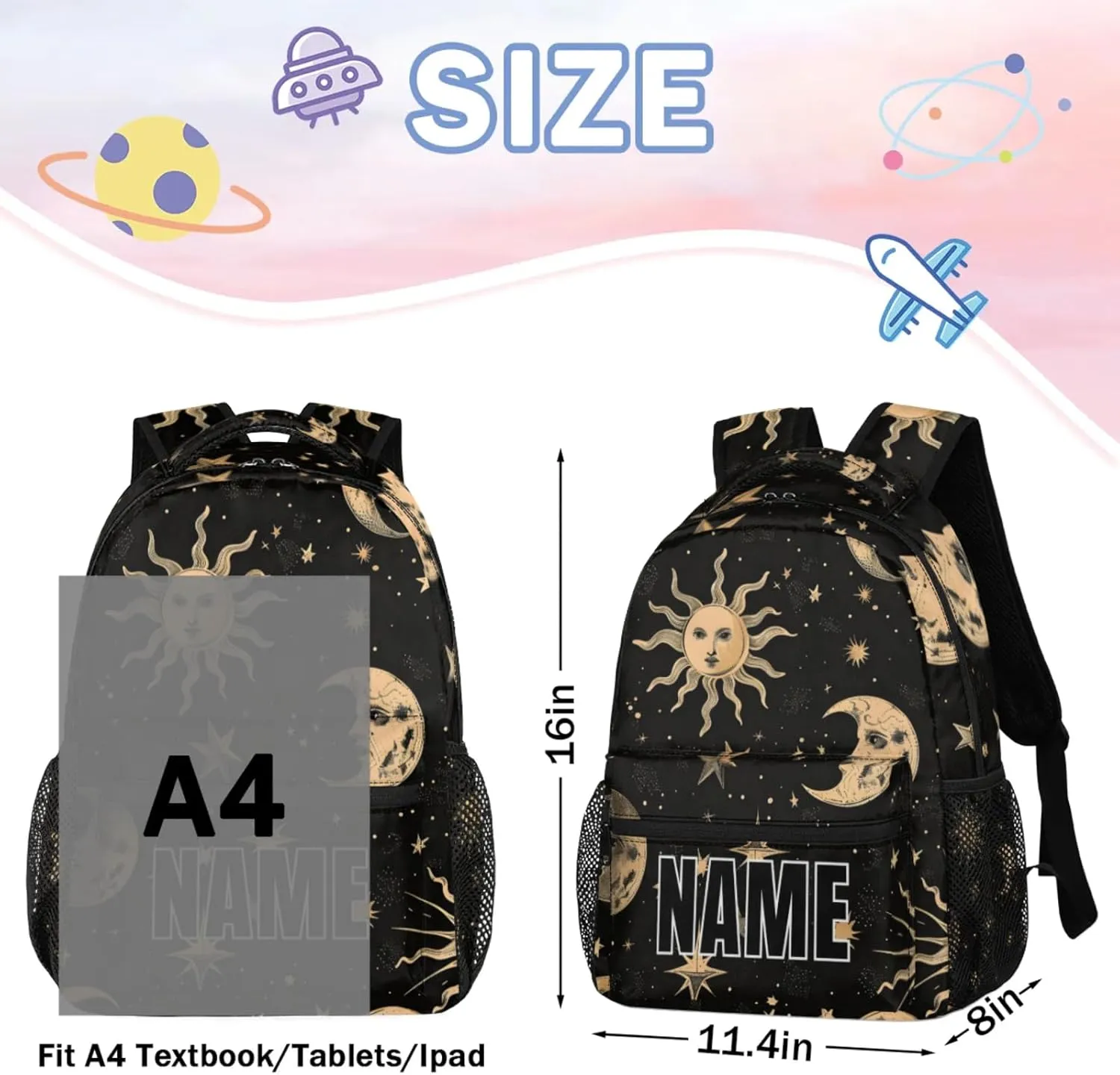 Custom Boho Moon Sun Backpack with Name Personalized Waterproof Casual Daypack Mysterious Aesthetic Customize Laptop Backpacks for Women Men