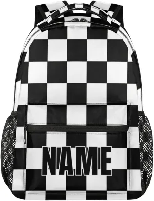 Custom Check Backpack with Name Personalized Waterproof Casual Daypack Black White Plaid Customize Laptop Backpacks for Women Men