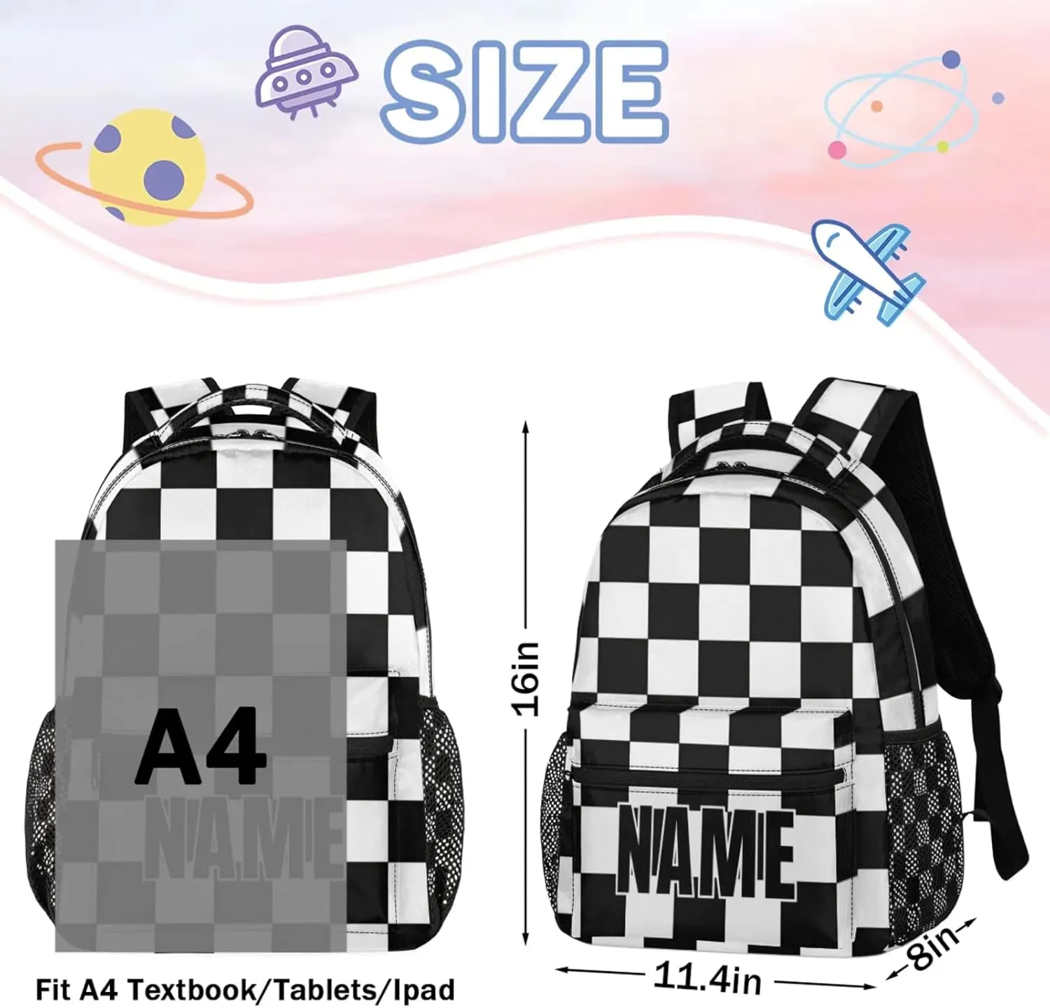 Custom Check Backpack with Name Personalized Waterproof Casual Daypack Black White Plaid Customize Laptop Backpacks for Women Men