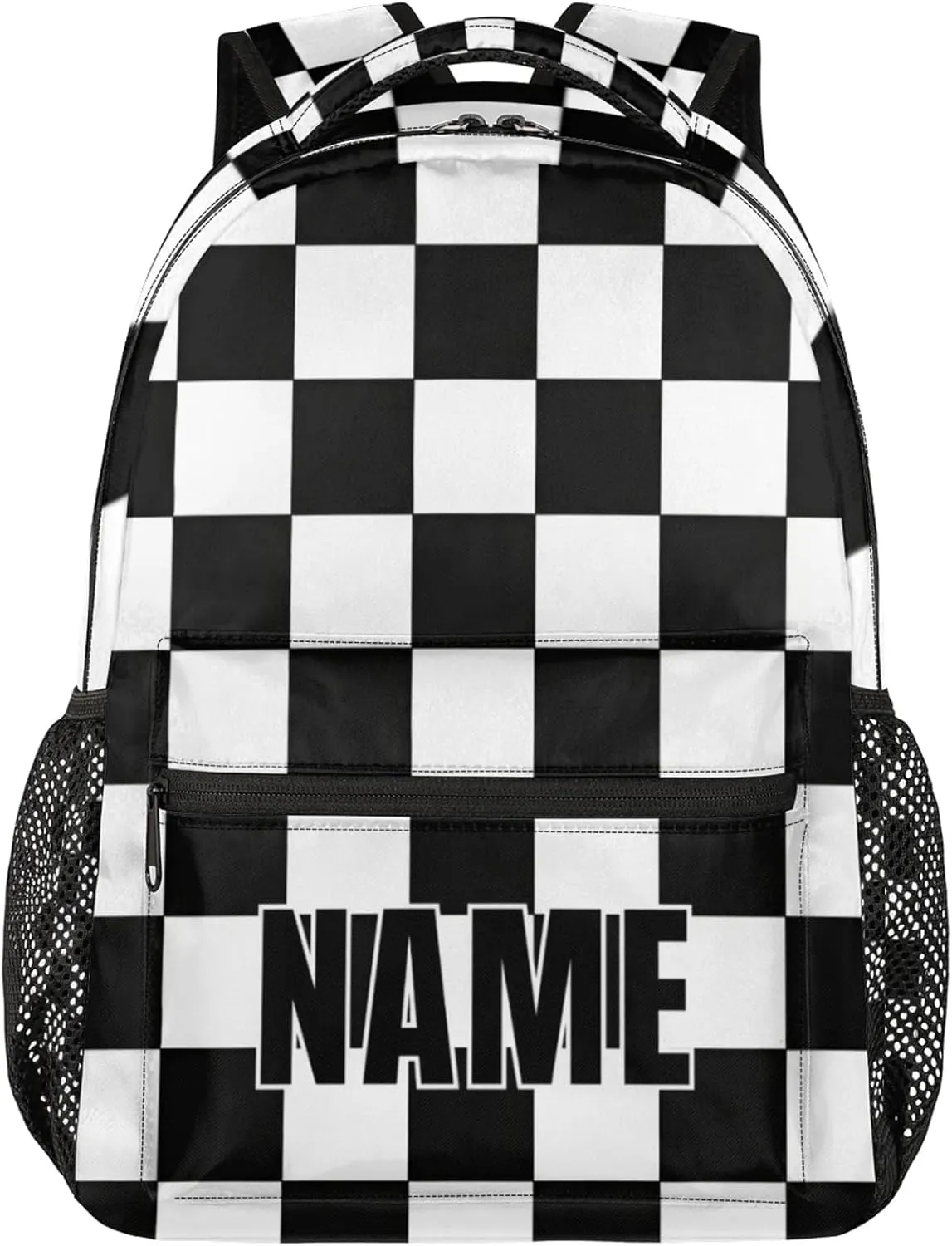 Custom Check Backpack with Name Personalized Waterproof Casual Daypack Black White Plaid Customize Laptop Backpacks for Women Men