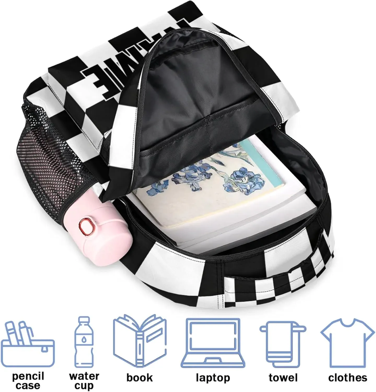 Custom Check Backpack with Name Personalized Waterproof Casual Daypack Black White Plaid Customize Laptop Backpacks for Women Men