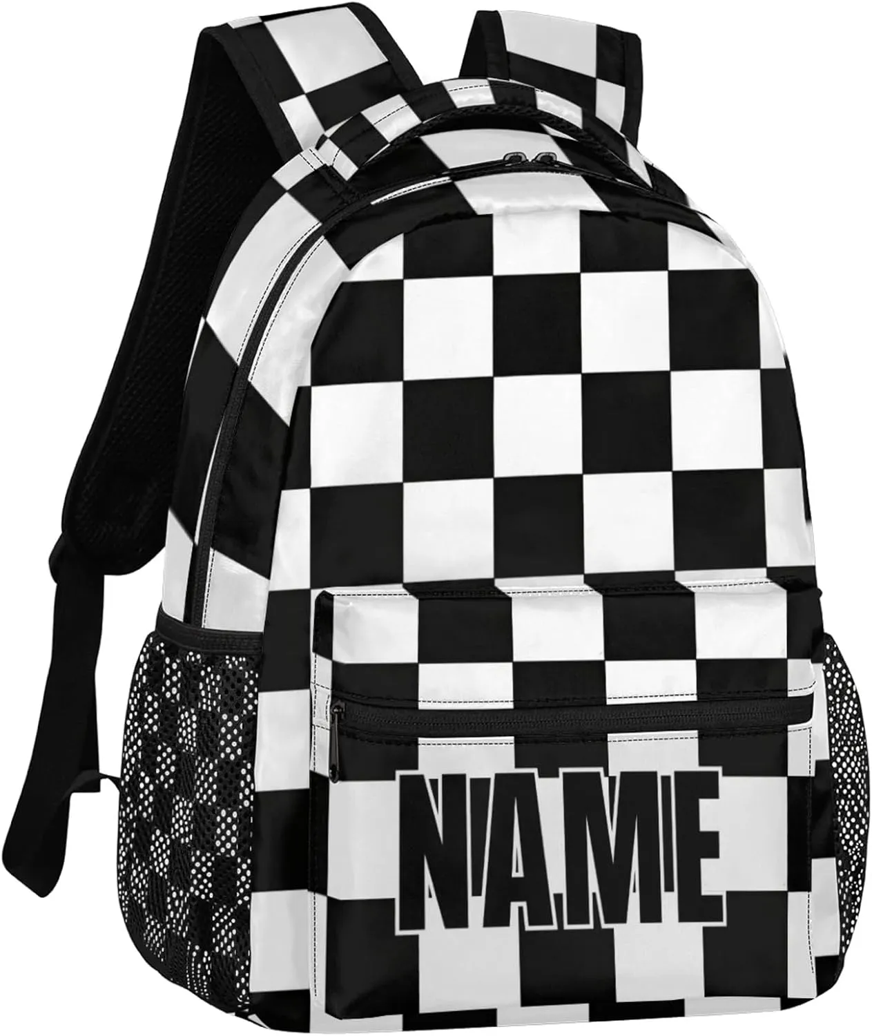 Custom Check Backpack with Name Personalized Waterproof Casual Daypack Black White Plaid Customize Laptop Backpacks for Women Men