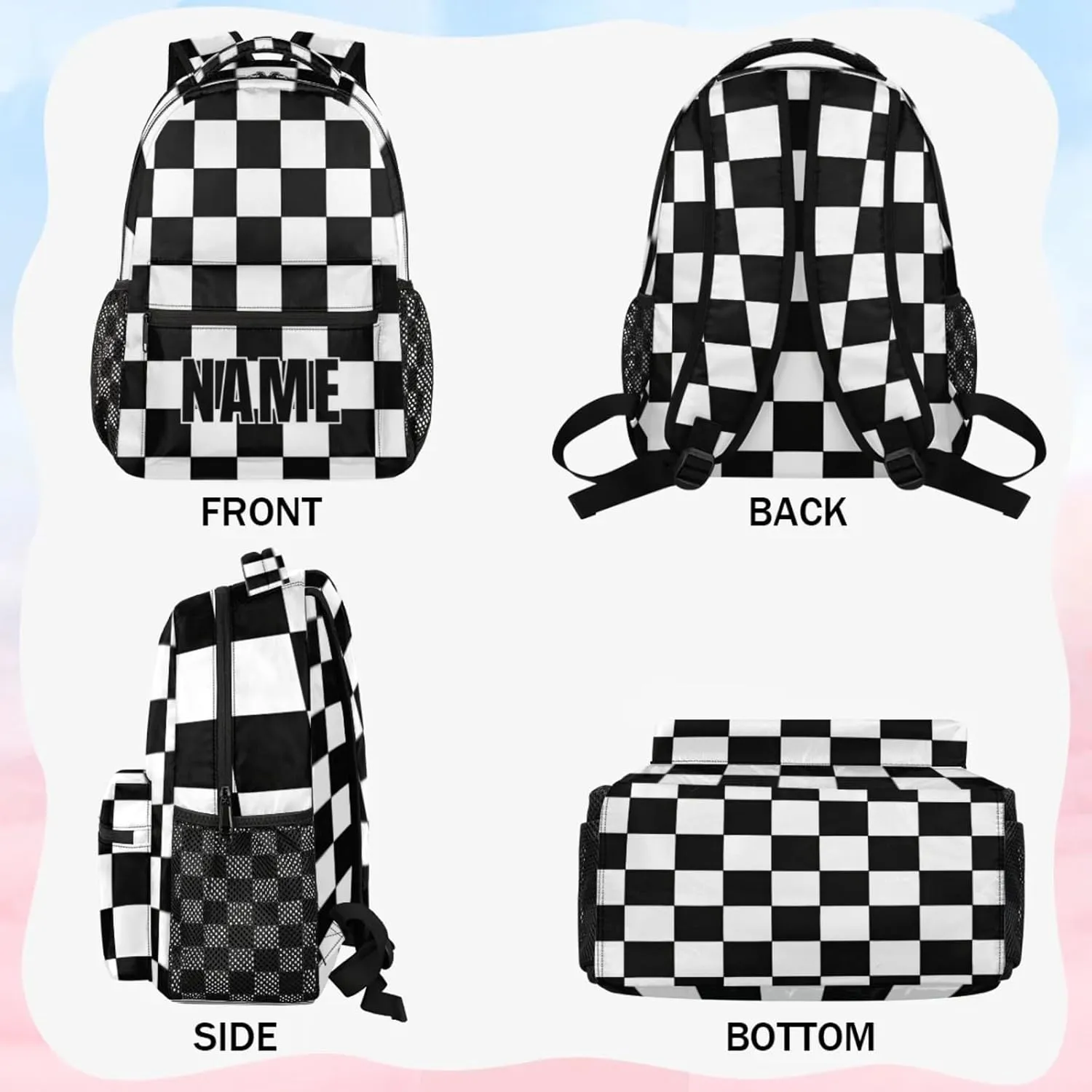 Custom Check Backpack with Name Personalized Waterproof Casual Daypack Black White Plaid Customize Laptop Backpacks for Women Men