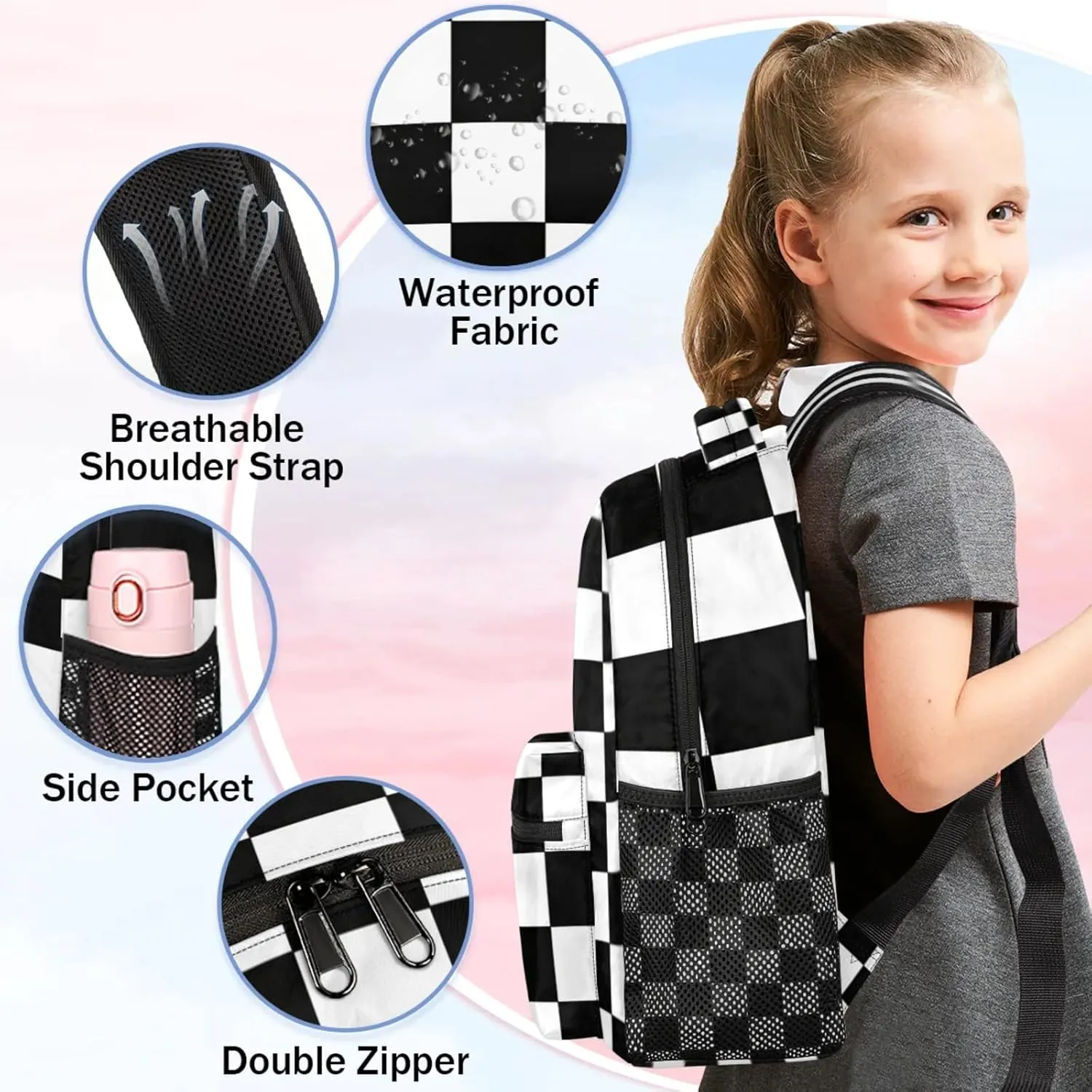 Custom Check Backpack with Name Personalized Waterproof Casual Daypack Black White Plaid Customize Laptop Backpacks for Women Men