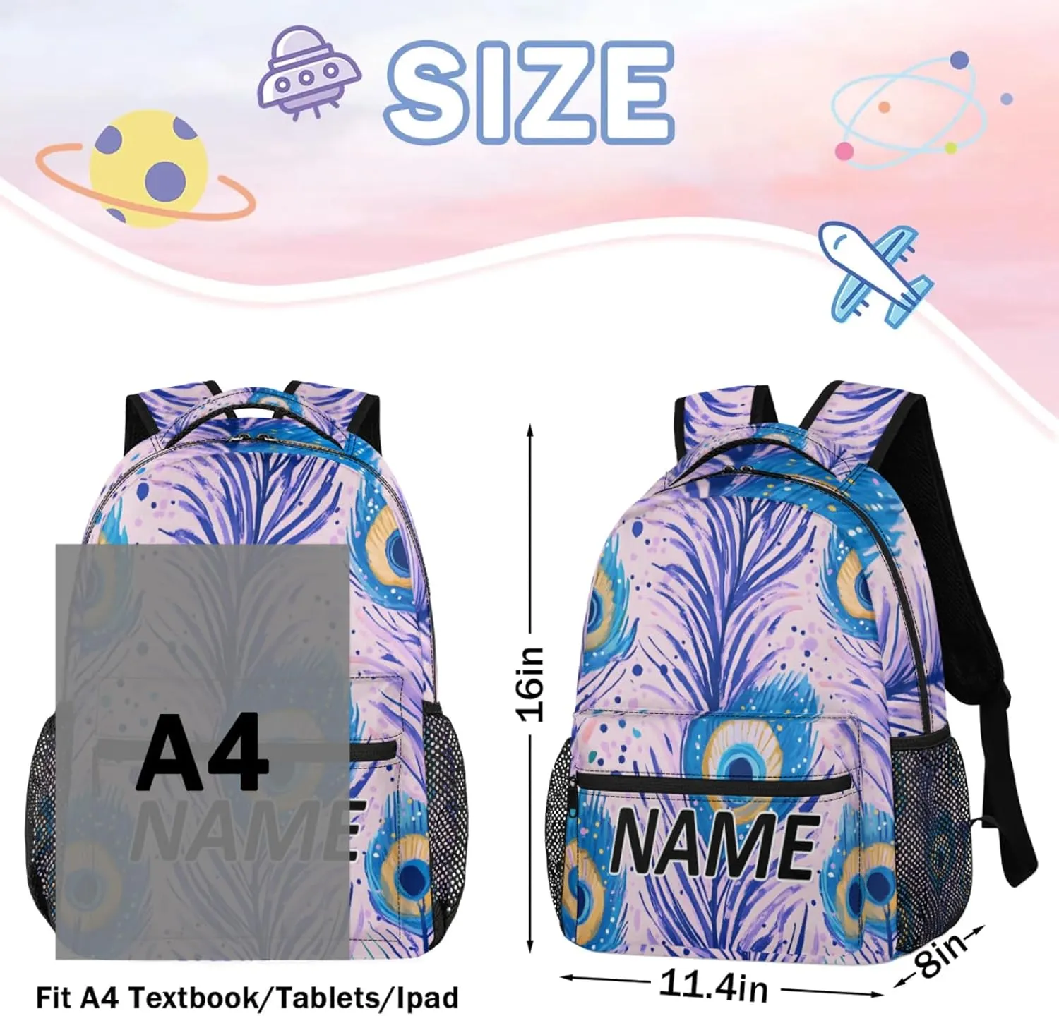 Custom Feathers Backpack with Name Personalized Waterproof Casual Daypack Feather Boho Customize Laptop Backpacks for Women Men