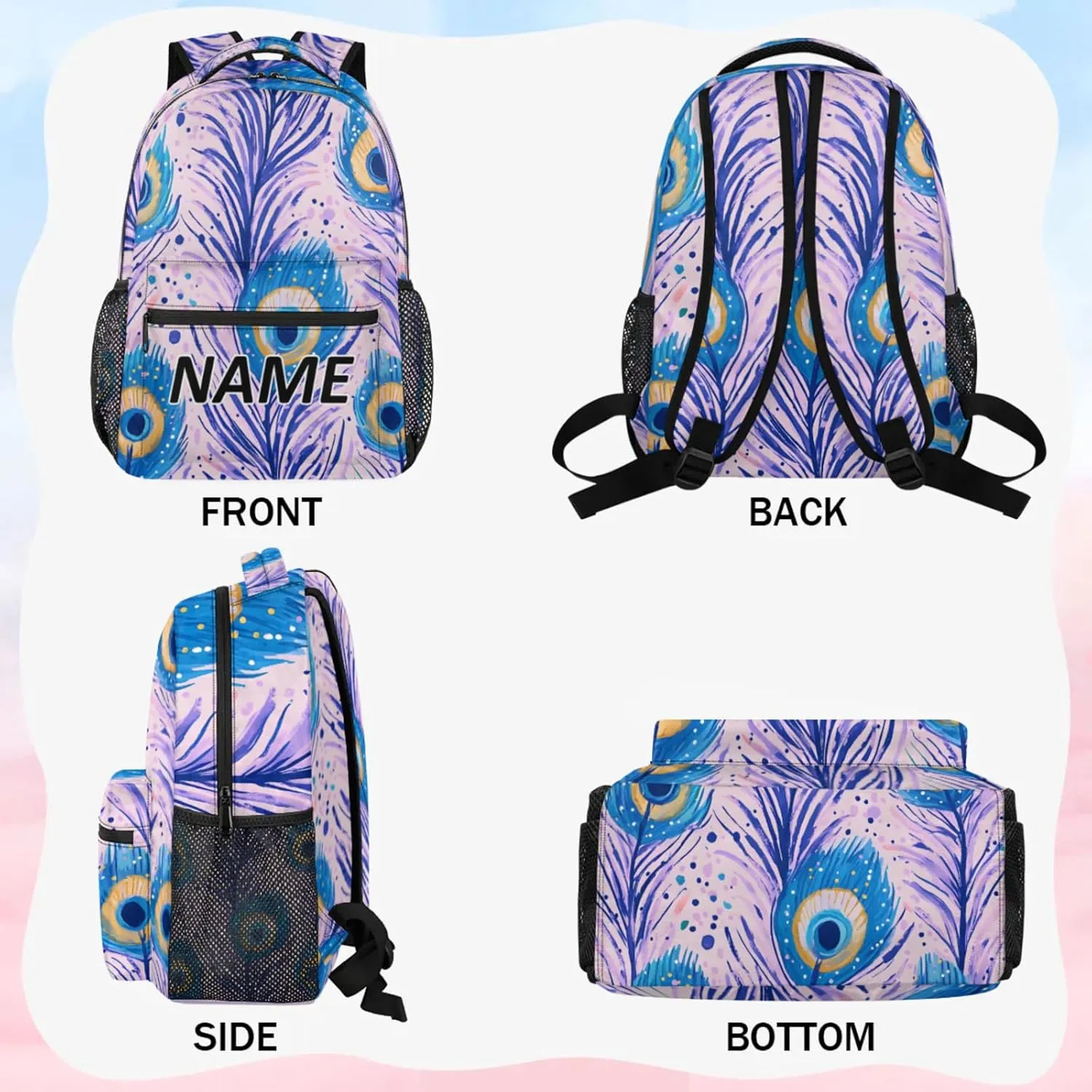 Custom Feathers Backpack with Name Personalized Waterproof Casual Daypack Feather Boho Customize Laptop Backpacks for Women Men