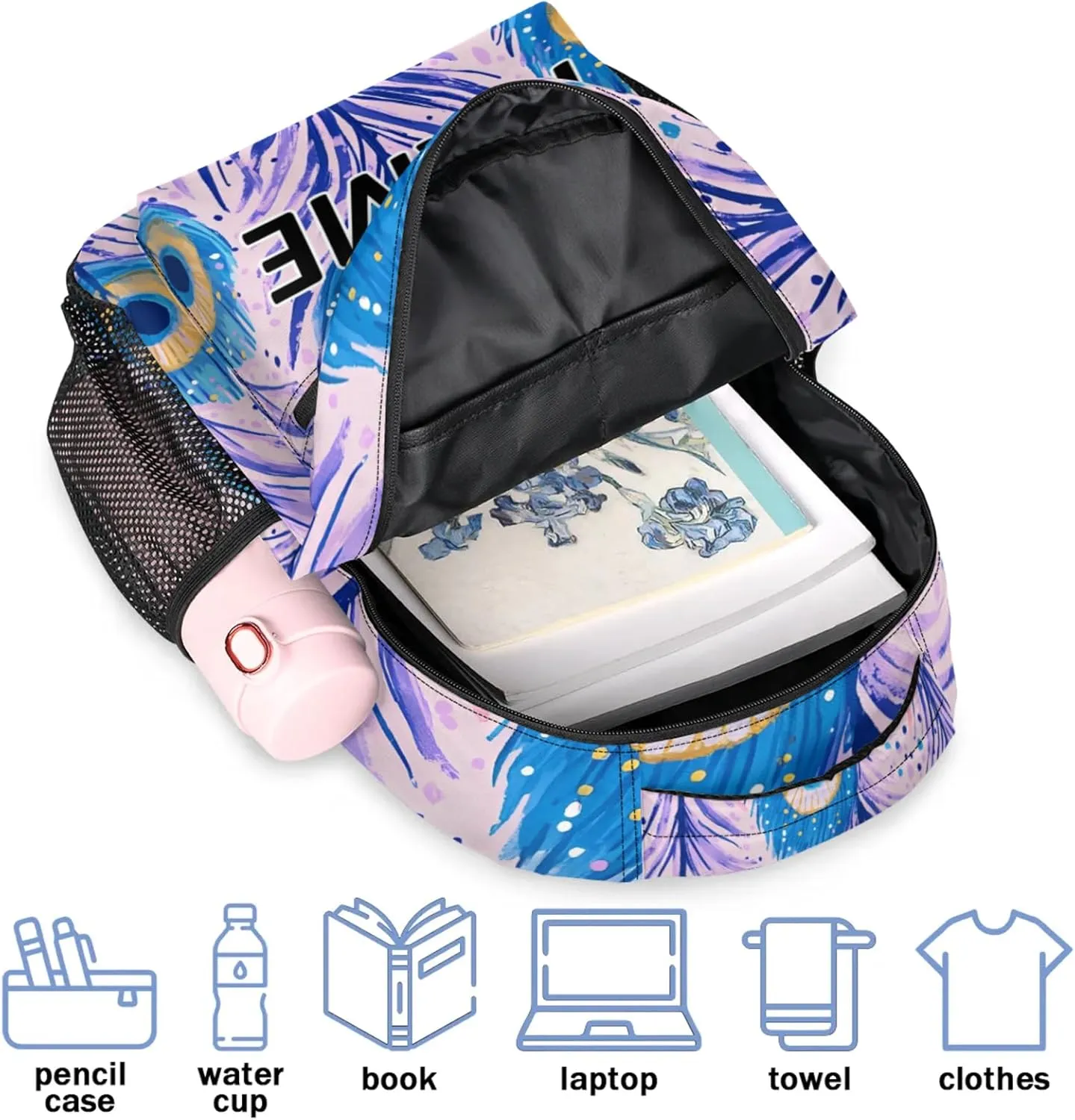 Custom Feathers Backpack with Name Personalized Waterproof Casual Daypack Feather Boho Customize Laptop Backpacks for Women Men
