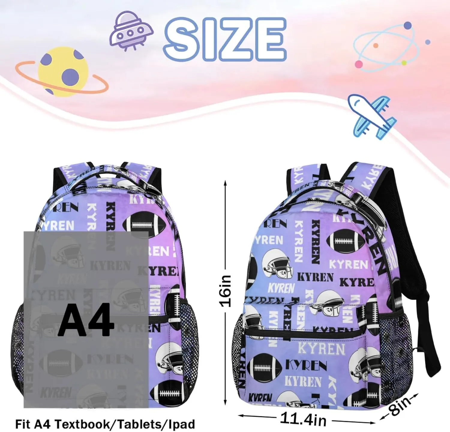 Custom Football Backpack for Men Women, Personalized Name Sports Bag Backpack, Laptop Backpacks Daypack for Travel Camping, Colorful