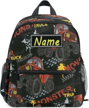 Custom Kids Toddler Mini Backpack for Girls Boys Red Monster Trucks Car Personalised Children's Backpacks Red School Bag with Kid's Name/Text