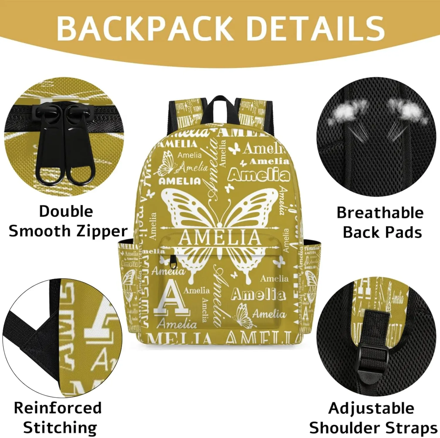 Custom Name Backpack for Travel, Personalized Casual Backpacks, Lightweight Custom Butterflies Daypack Bags with Chest Strap, Brown