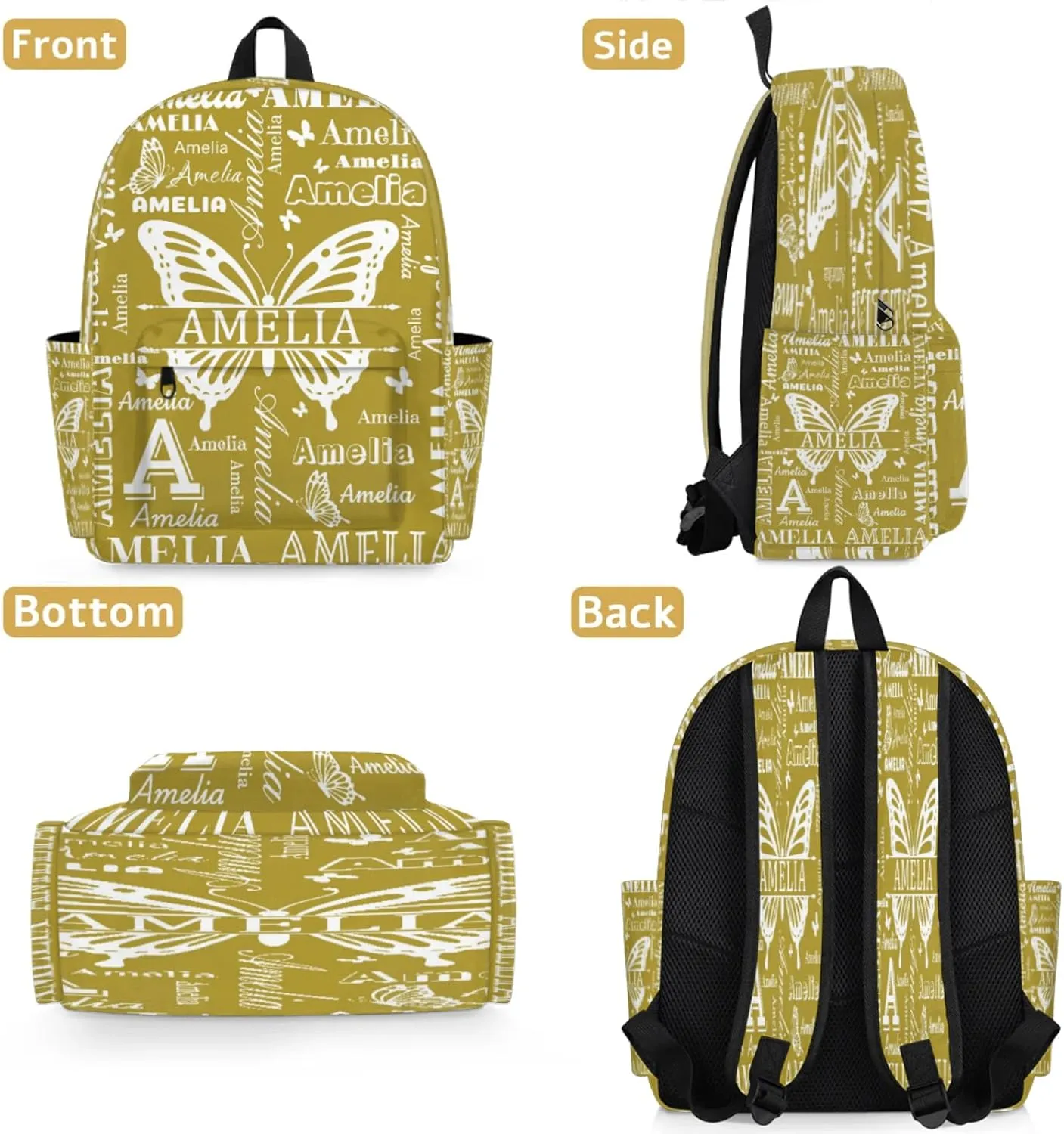 Custom Name Backpack for Travel, Personalized Casual Backpacks, Lightweight Custom Butterflies Daypack Bags with Chest Strap, Brown