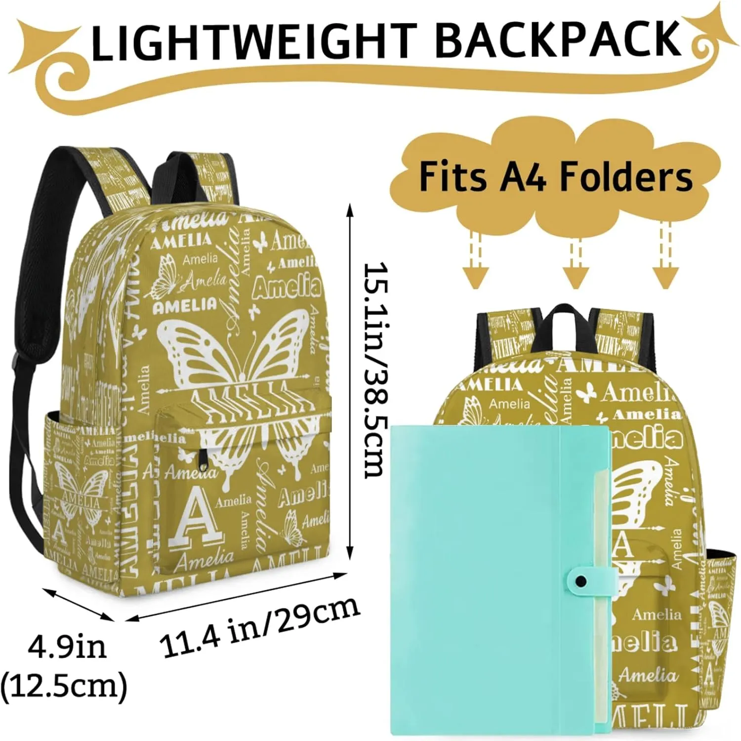 Custom Name Backpack for Travel, Personalized Casual Backpacks, Lightweight Custom Butterflies Daypack Bags with Chest Strap, Brown