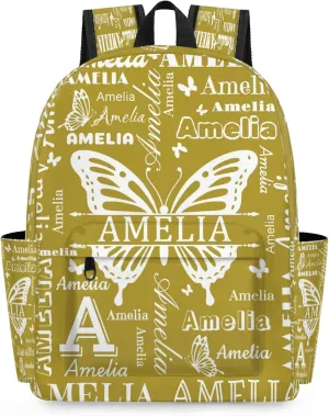 Custom Name Backpack for Travel, Personalized Casual Backpacks, Lightweight Custom Butterflies Daypack Bags with Chest Strap, Brown