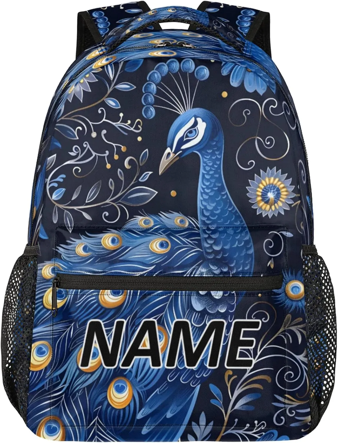 Custom Peacock Backpack with Name Personalized Waterproof Casual Daypack Peacocks Floral Plant Customize Laptop Backpacks for Women Men