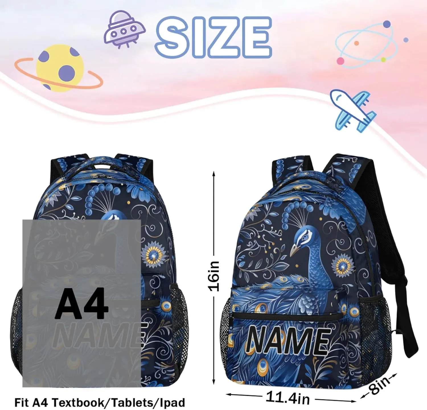 Custom Peacock Backpack with Name Personalized Waterproof Casual Daypack Peacocks Floral Plant Customize Laptop Backpacks for Women Men