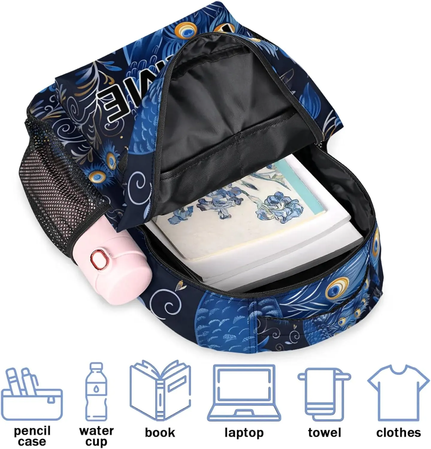 Custom Peacock Backpack with Name Personalized Waterproof Casual Daypack Peacocks Floral Plant Customize Laptop Backpacks for Women Men