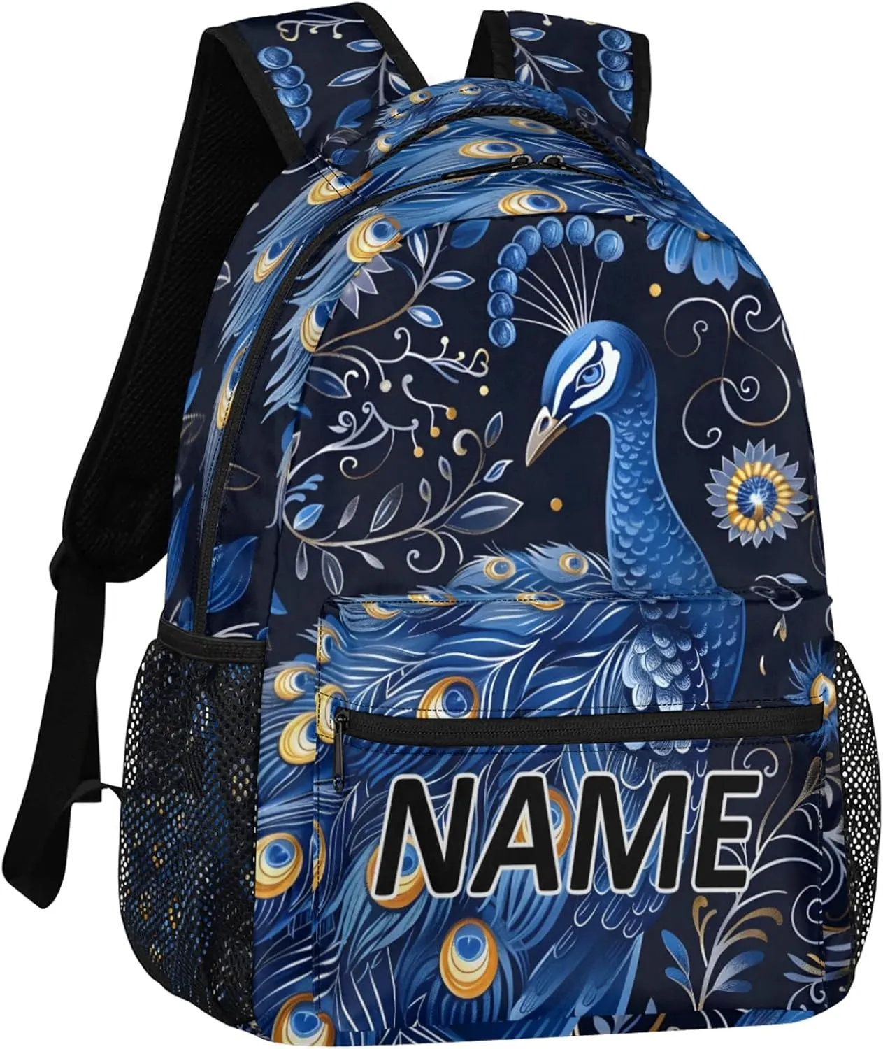 Custom Peacock Backpack with Name Personalized Waterproof Casual Daypack Peacocks Floral Plant Customize Laptop Backpacks for Women Men